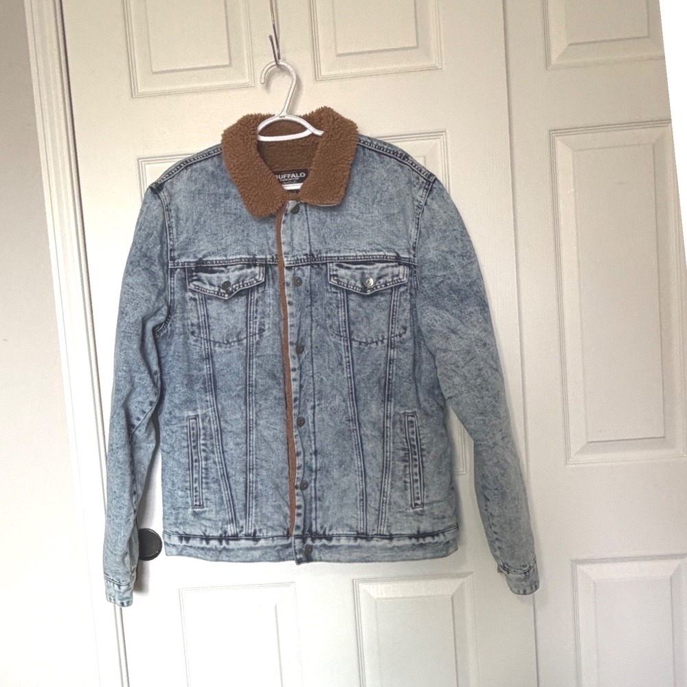 Buffalo David Bitton Mens Acid Wash Denim Sherpa Lined Trucker Jacket Blue L